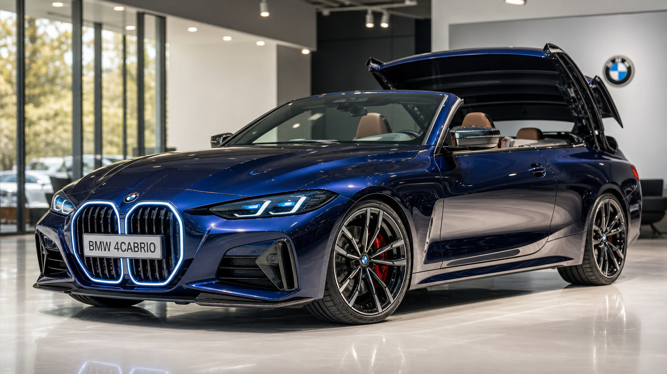 Carro conversível azul BMW 4 Cabrio com teto rígido retrátil aberto em showroom moderno.