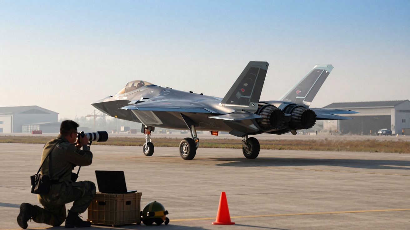 Fotógrafo militar tirando foto de caça stealth cinza estacionado em pista de aeroporto aerodinâmico.