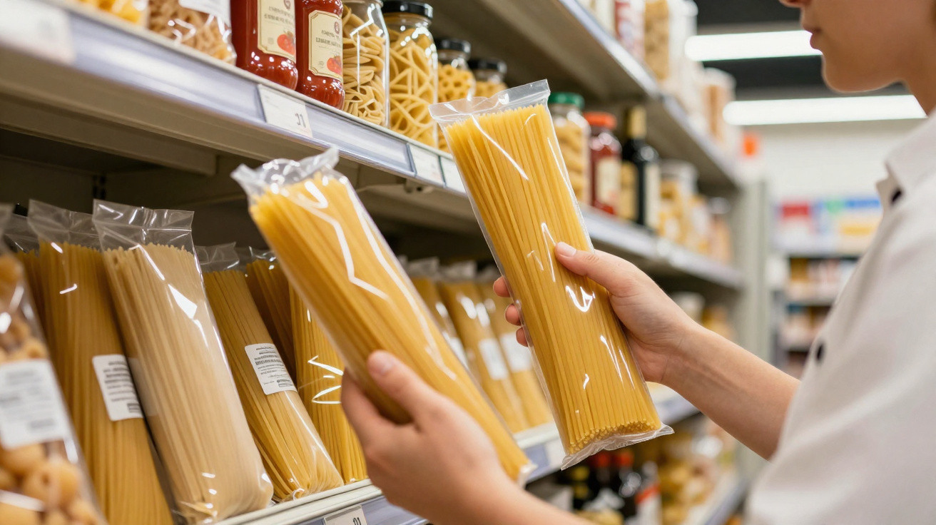 Pessoa segurando dois pacotes de macarrão espaguete em prateleira de supermercado.