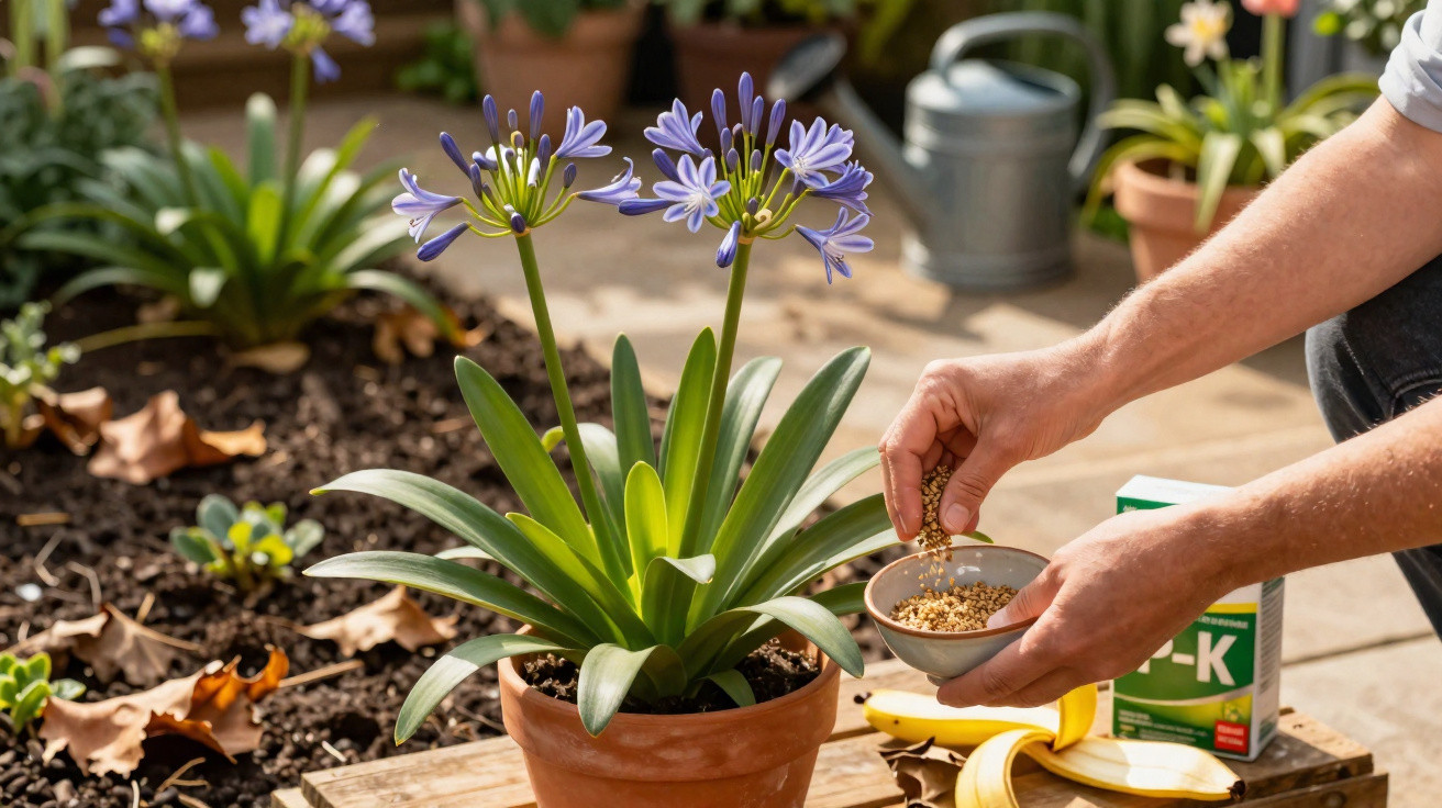 Pessoa fertilizando planta com flores roxas em vaso de cerâmica alaranjada em jardim.