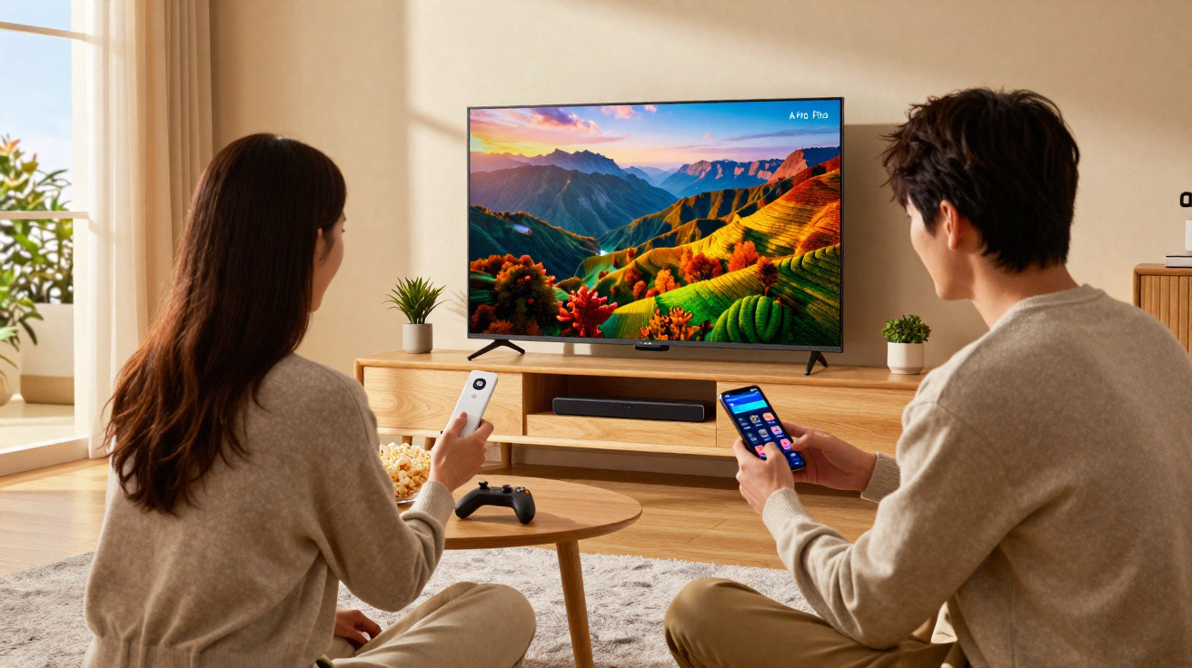 Casal sentado em sala, assistindo TV com controle e celular, com paisagem colorida na tela.