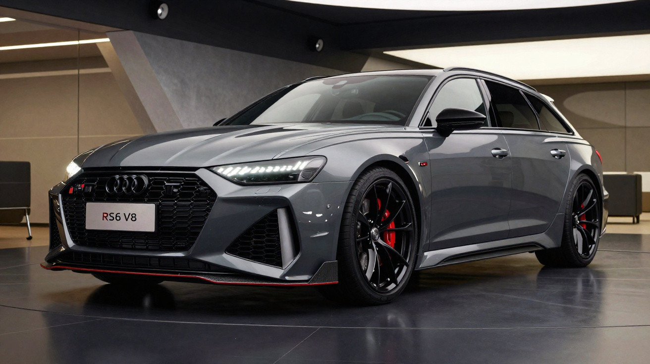 Carro Audi RS6 V8 cinza estacionado em ambiente interno moderno, com detalhes em preto e vermelho.