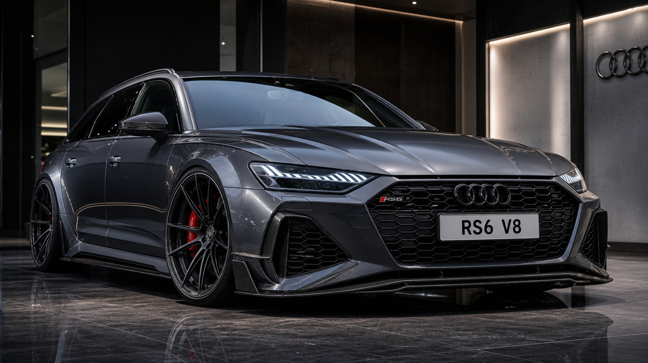 Carro esportivo Audi RS6 V8 cinza metálico estacionado em ambiente interno com iluminação moderna.