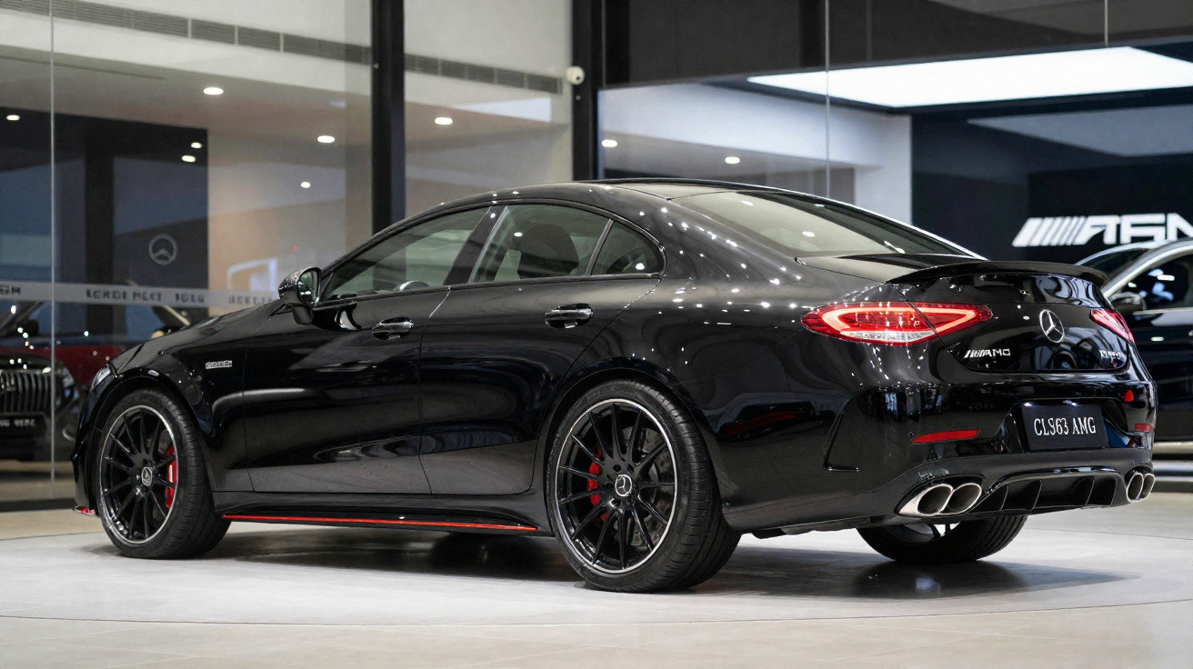 Carro preto Mercedes-Benz CLS63 AMG estacionado em showroom com teto iluminado e piso claro.