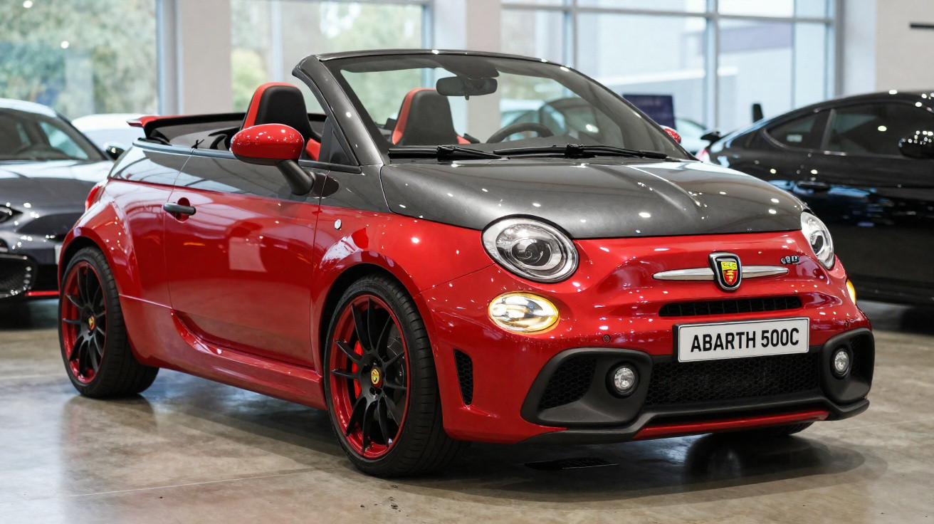 Carro conversível Abarth 500C vermelho com capô preto em showroom iluminado.