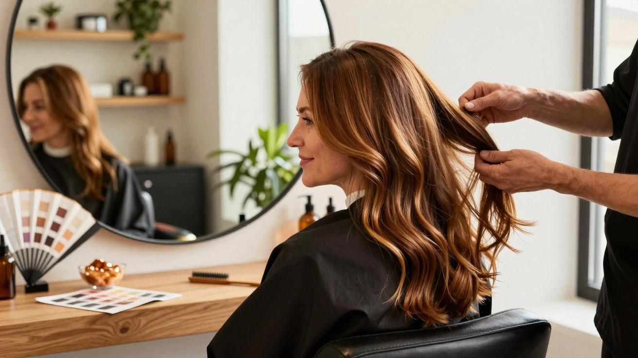 Mulher sentada em salão de beleza tendo o cabelo penteado por um cabeleireiro à sua direita.