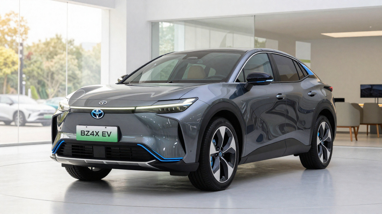 Carro elétrico Toyota BZ4X cinza estacionado em showroom moderno com janelas amplas e decoração neutra.