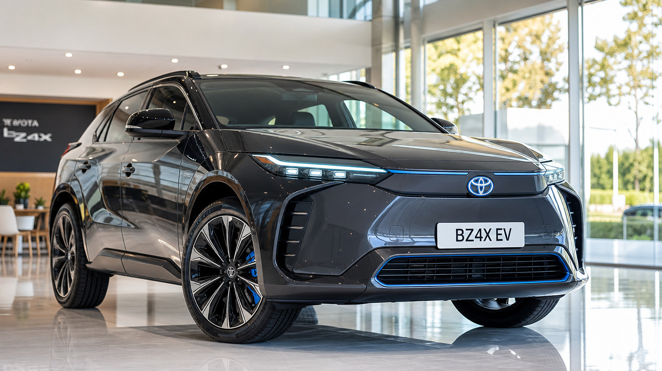 Carro elétrico Toyota BZ4X EV preto em showroom moderno com grandes janelas e piso brilhante.