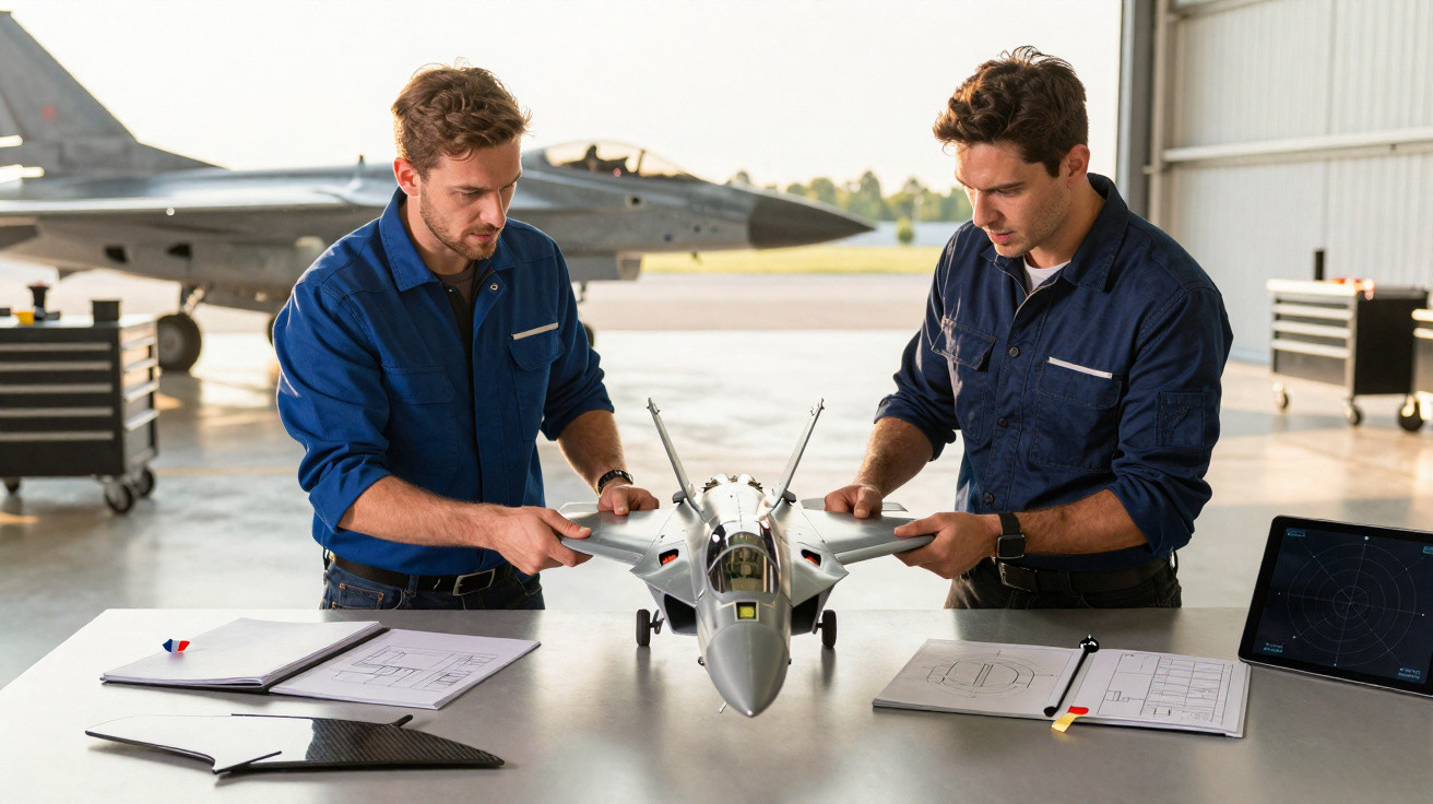 Dois homens em macacão azul analisam modelo de avião de caça em mesa de oficina com documentos e tablet.