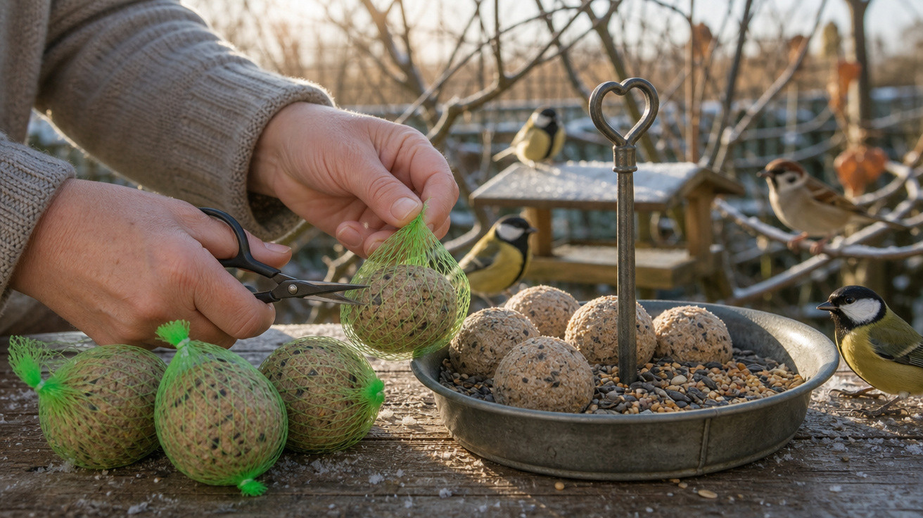Mãos cortando rede verde com bola de gordura para pássaros, com cinco pássaros e comedouro ao fundo.