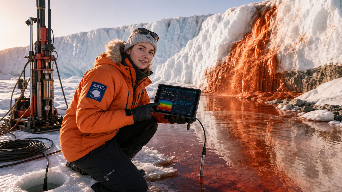 Pesquisadora com casaco laranja segura tablet perto de lago vermelho e geleira branca ao fundo no Ártico.