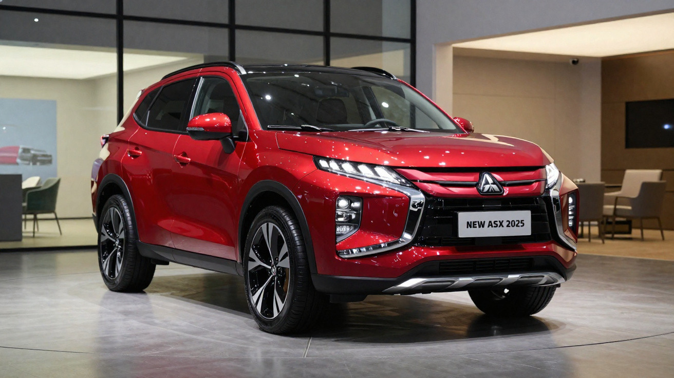 SUV Mitsubishi New ASX 2025 vermelho em exposição interna com design moderno e rodas pretas.