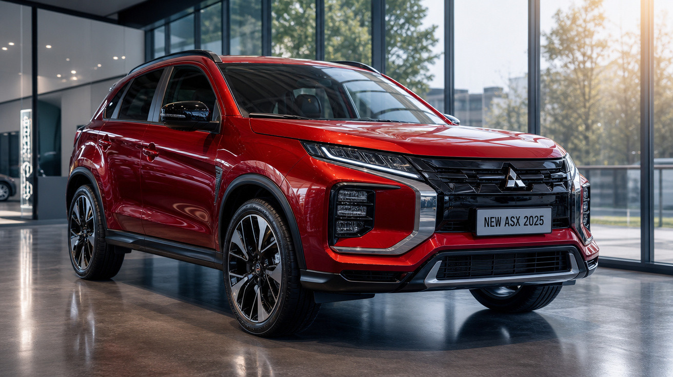 SUV vermelho Mitsubishi New ASX 2025 em showroom com vidro e piso refletivo.