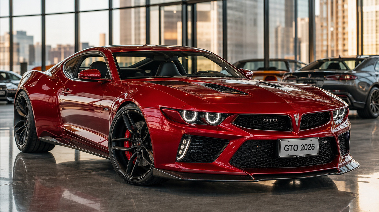 Carro esportivo vermelho GTO 2026 em showroom moderno com piso refletivo e janelas de vidro grandes.