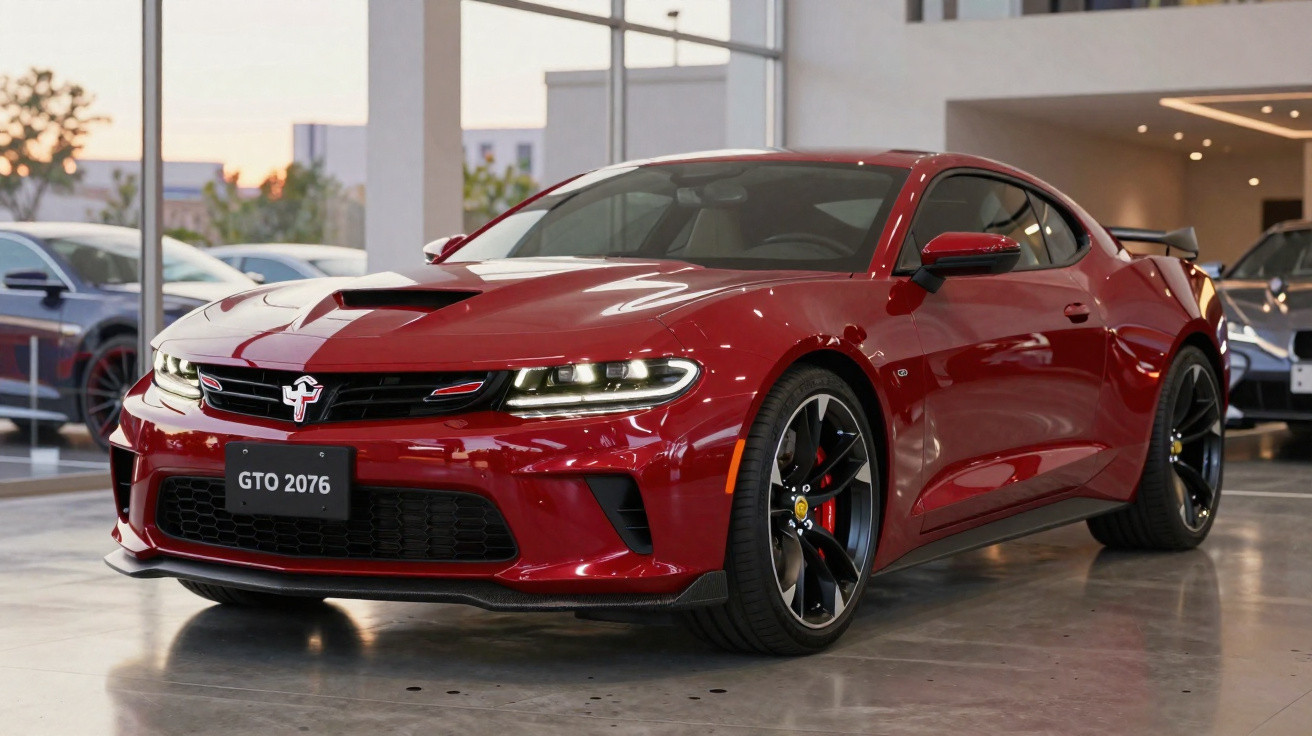 Carro esportivo vermelho estacionado em showroom com faróis acesos e rodas pretas.