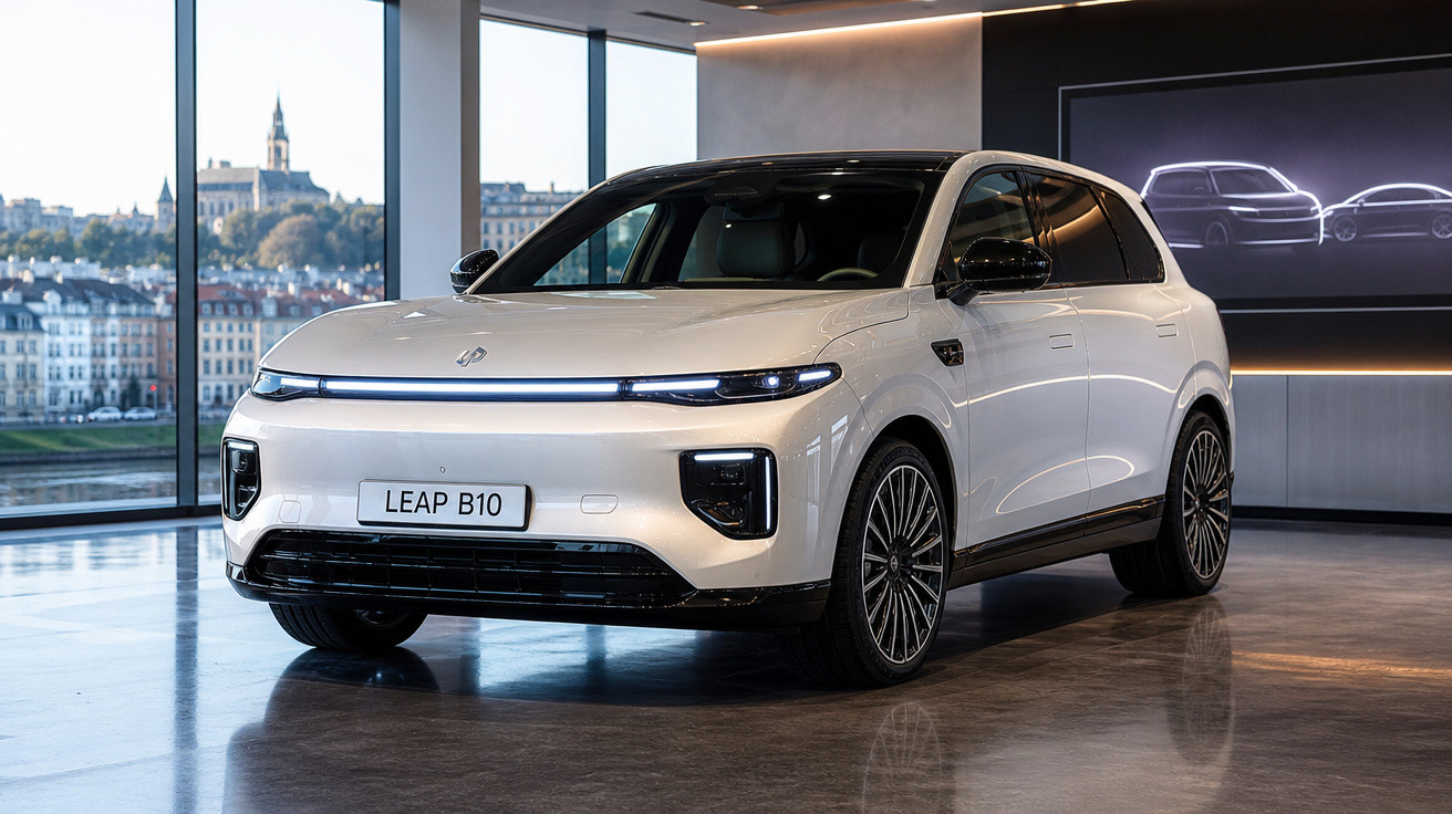 Carro elétrico branco Leap B10 em showroom moderno com grandes janelas e vista urbana ao fundo.