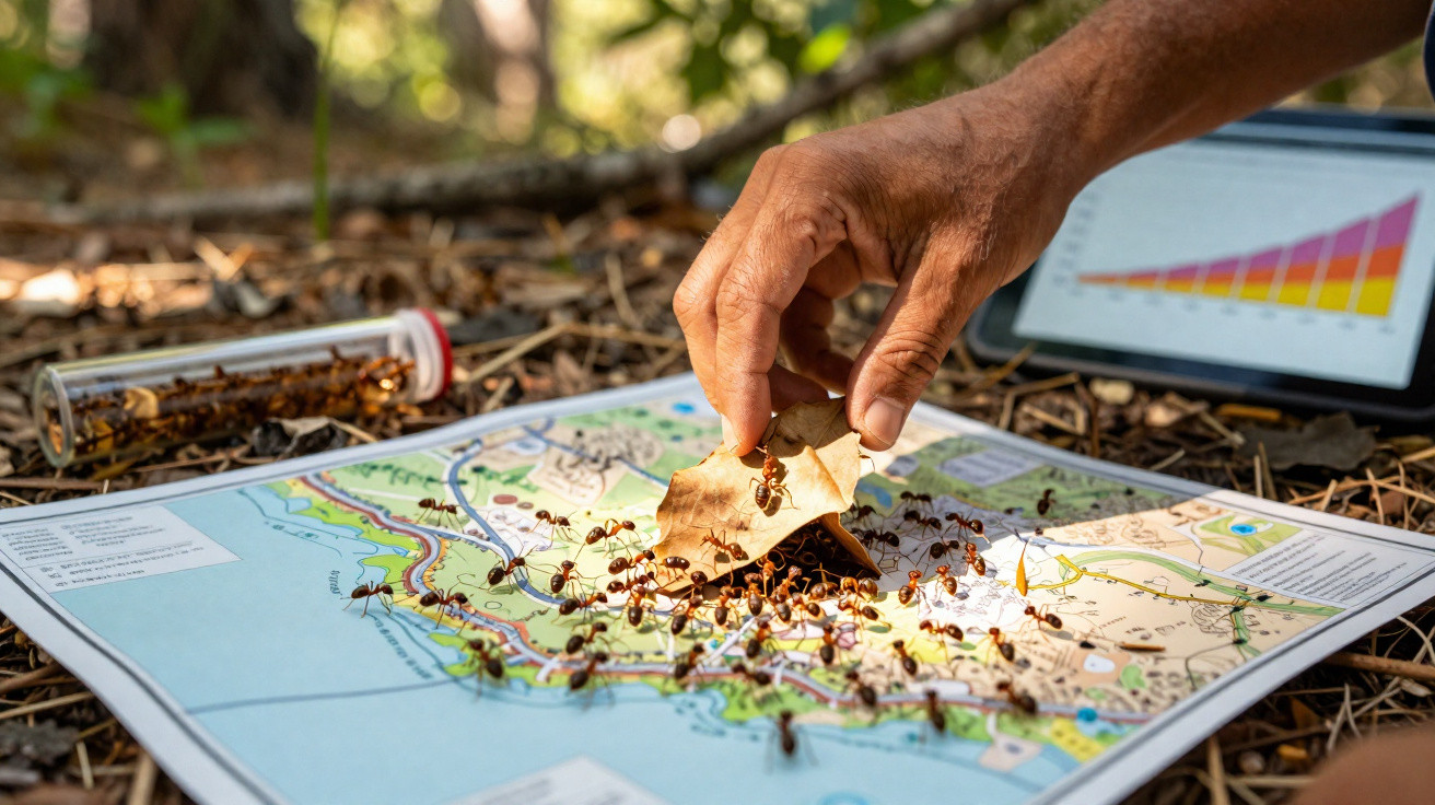 Mão segurando folha com formigas sobre mapa, tablet ao fundo e tubo com formigas no chão.