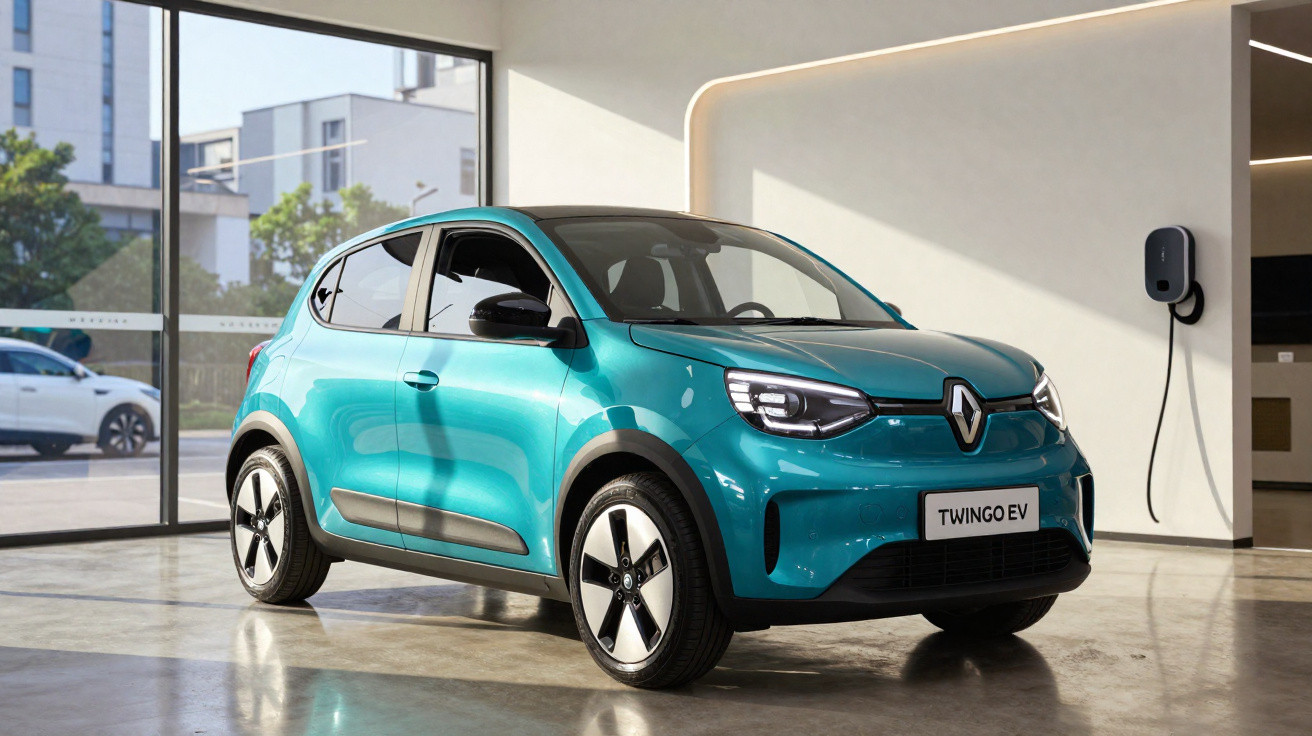 Carro elétrico Renault Twingo EV azul estacionado em ambiente interno com carregador na parede.