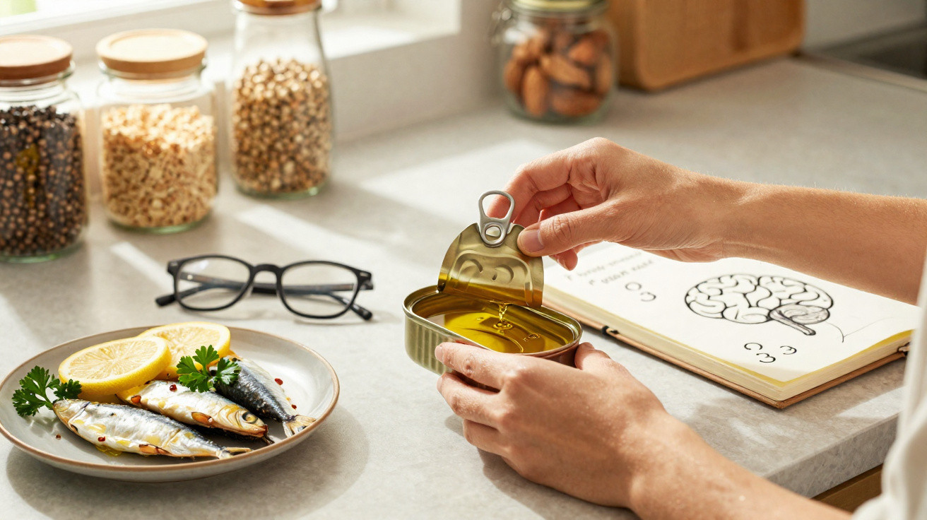 Pessoa abrindo lata de sardinhas em óleo na cozinha com prato, óculos e livro aberto com desenho de cérebro.