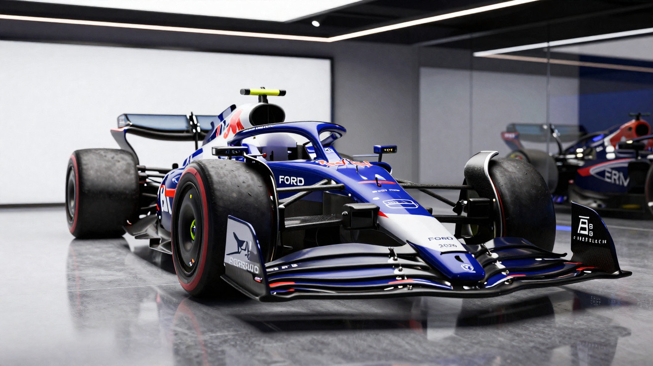 Carro de Fórmula 1 azul e branco da equipe Ford em garagem moderna com piso refletivo.