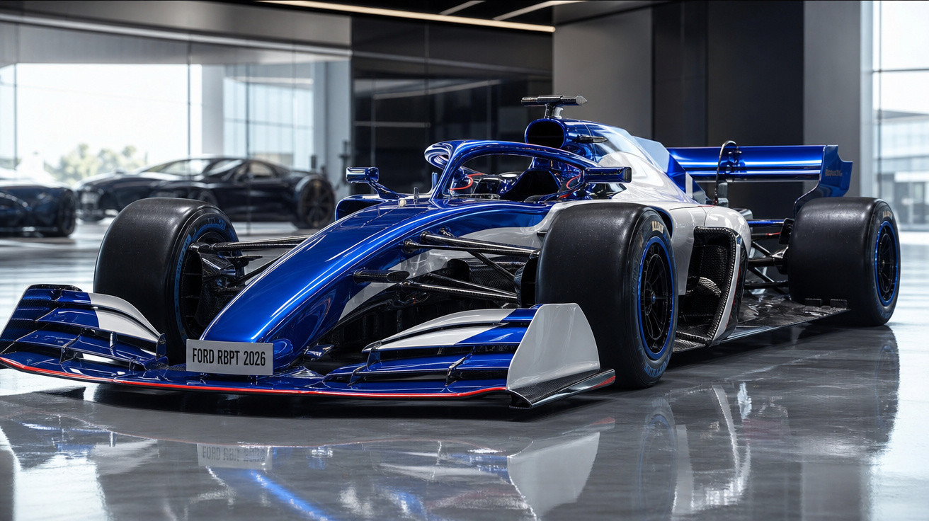 Carro de Fórmula 1 azul e branco em garagem com piso refletivo e ambiente moderno.