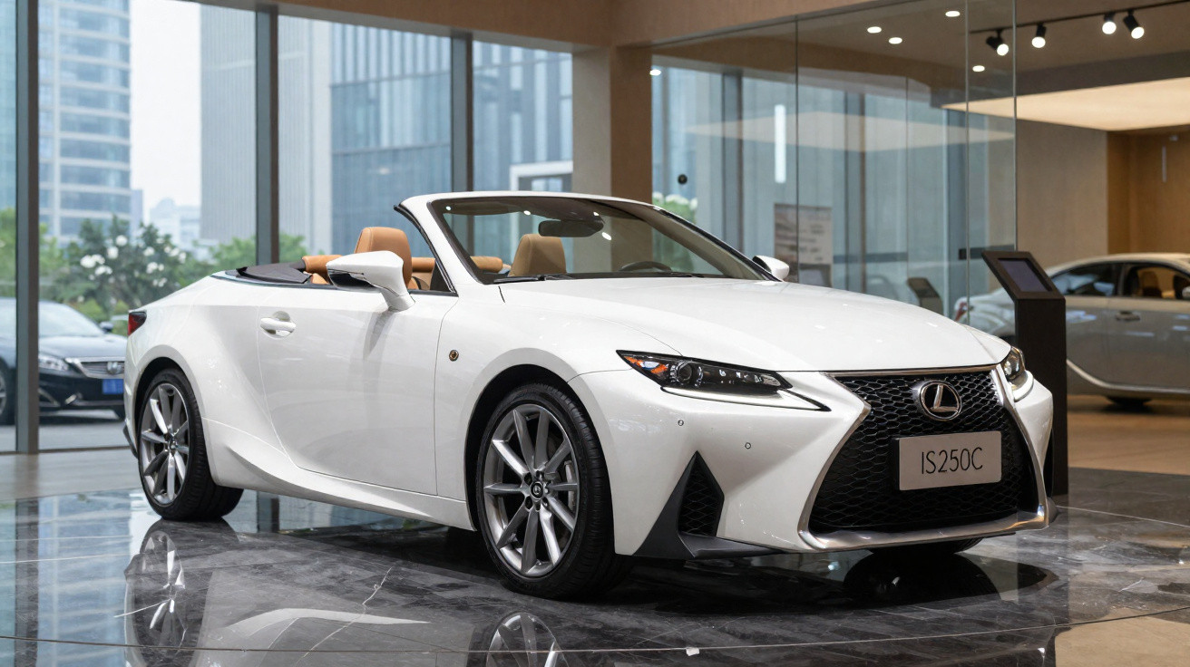 Carro conversível branco modelo Lexus IS 250C exposto em showroom moderno com piso de mármore.