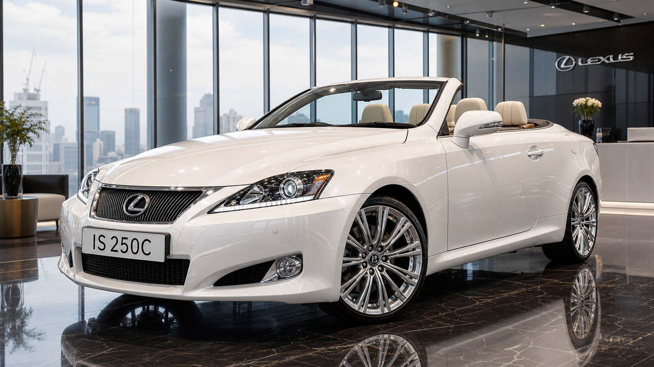 Carro conversível branco Lexus IS 250C exibido em showroom moderno com piso escuro e iluminação natural.