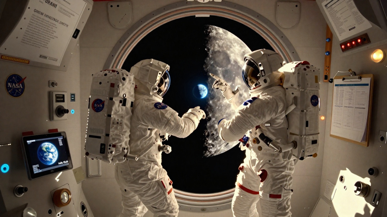 Dois astronautas em traje espacial dentro de nave observando a Terra através da janela.