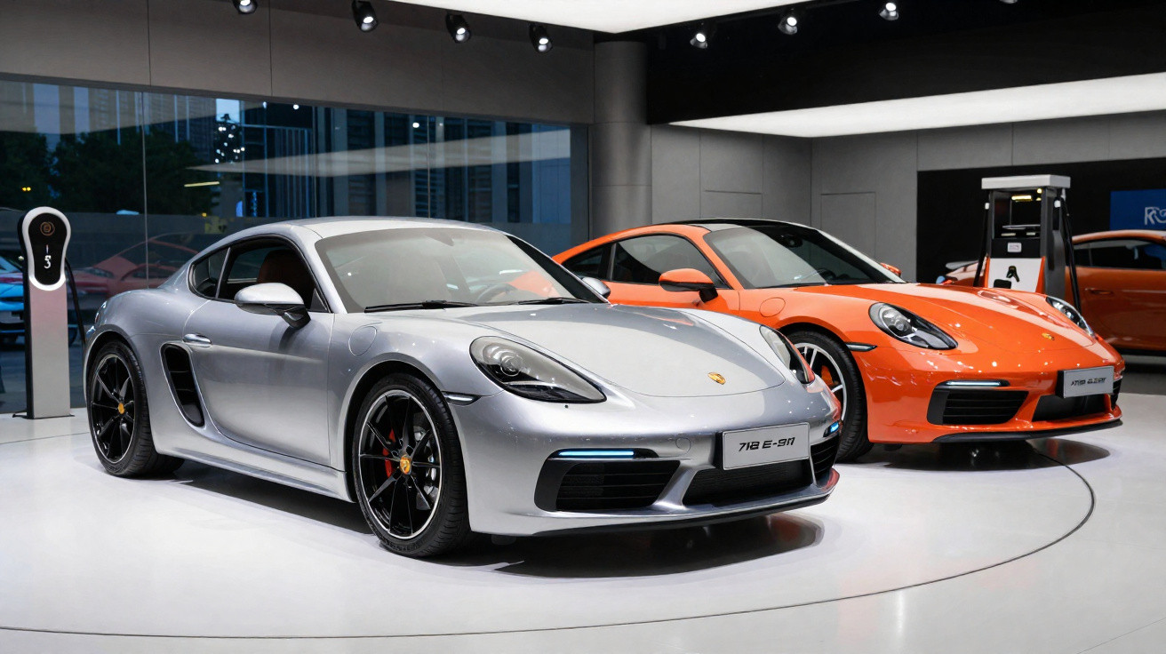 Dois carros esportivos Porsche, um prata e um laranja, expostos em showroom moderno, com carregadores elétricos.