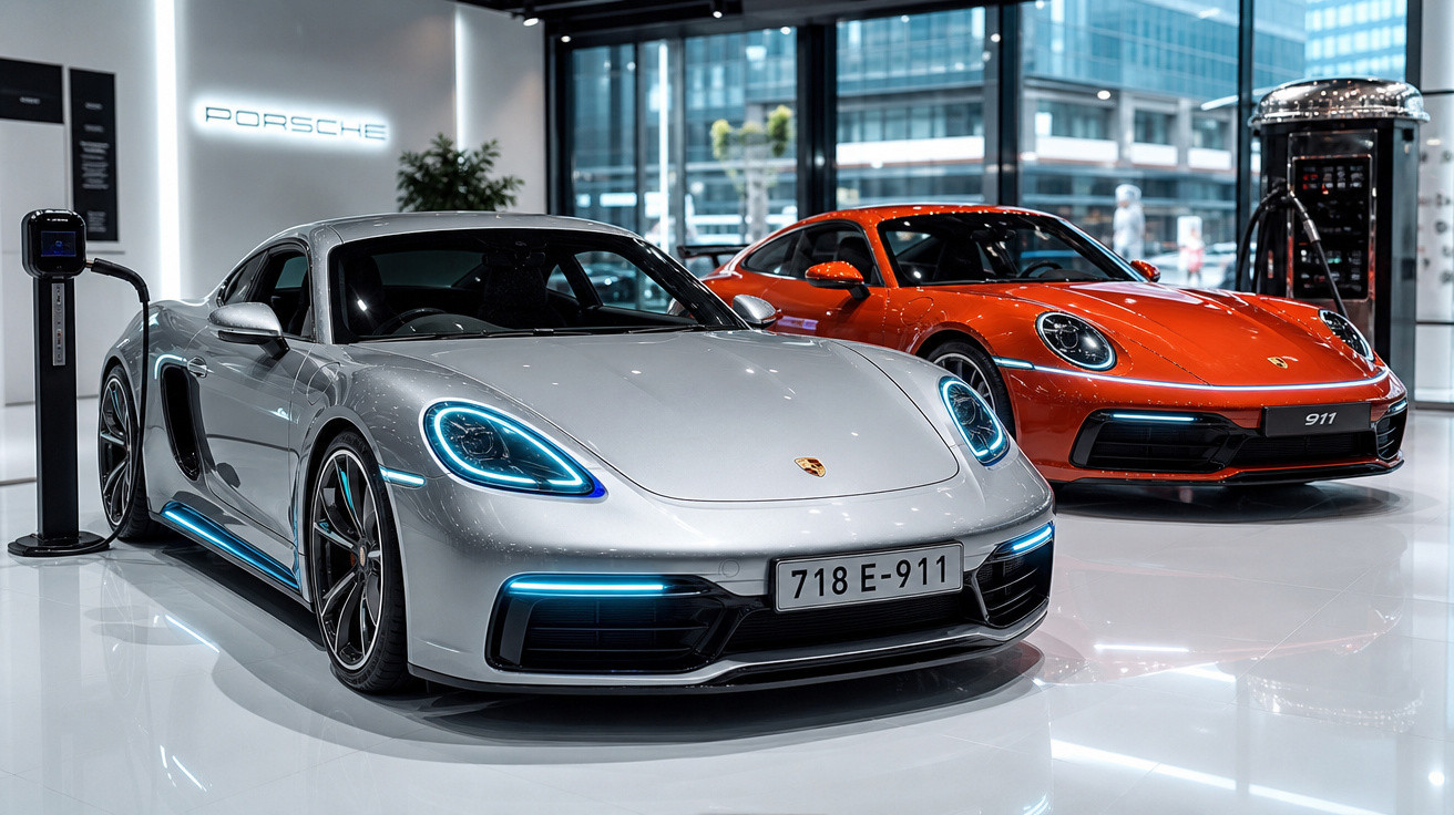 Dois carros esportivos Porsche, um prata e outro vermelho, exibidos em showroom moderno.