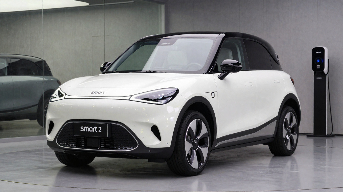 Carro elétrico Smart 2 branco estacionado em showroom ao lado de carregador elétrico.