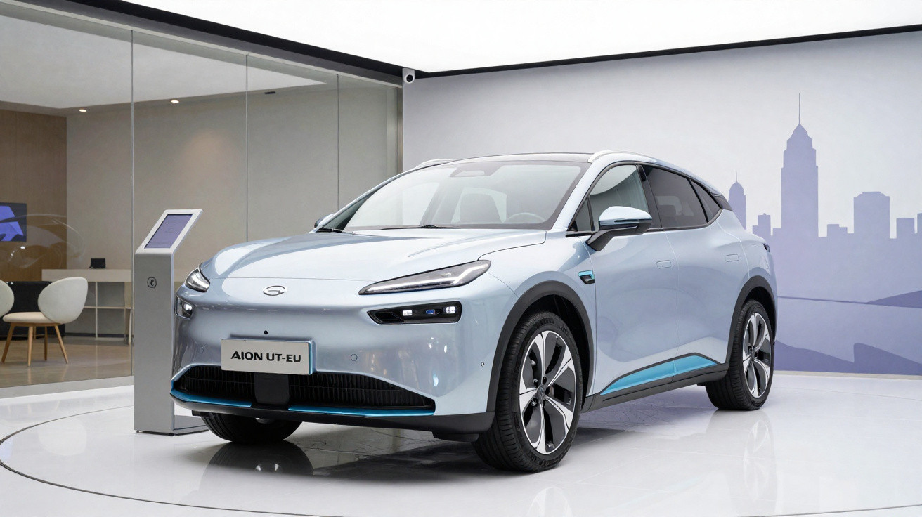 Carro elétrico Aion UT-EU branco em exposição em ambiente moderno com fundo de silhueta urbana.