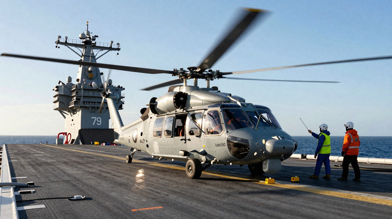 Helicóptero militar cinza pousado no convés de um navio de guerra com dois tripulantes orientando.
