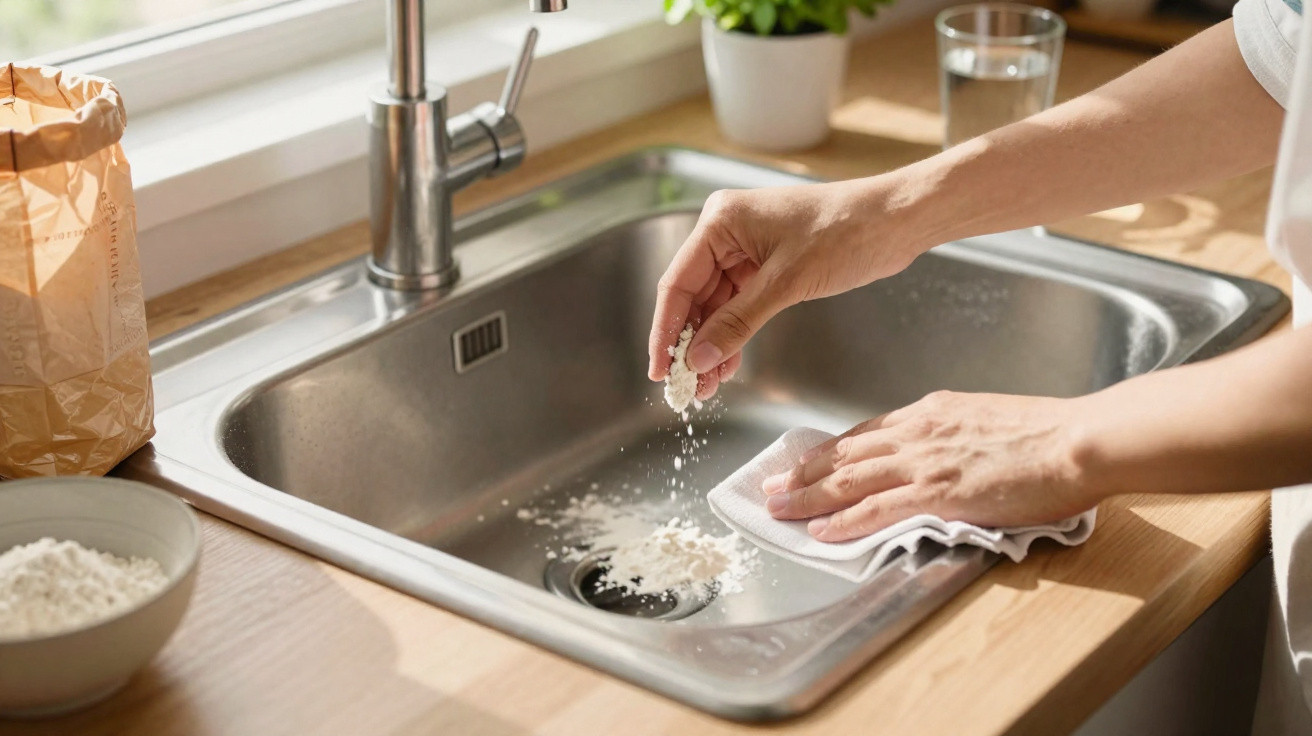 Mãos limpando pia de cozinha de aço inox com pano branco enquanto retiram farinha caída no ralo.