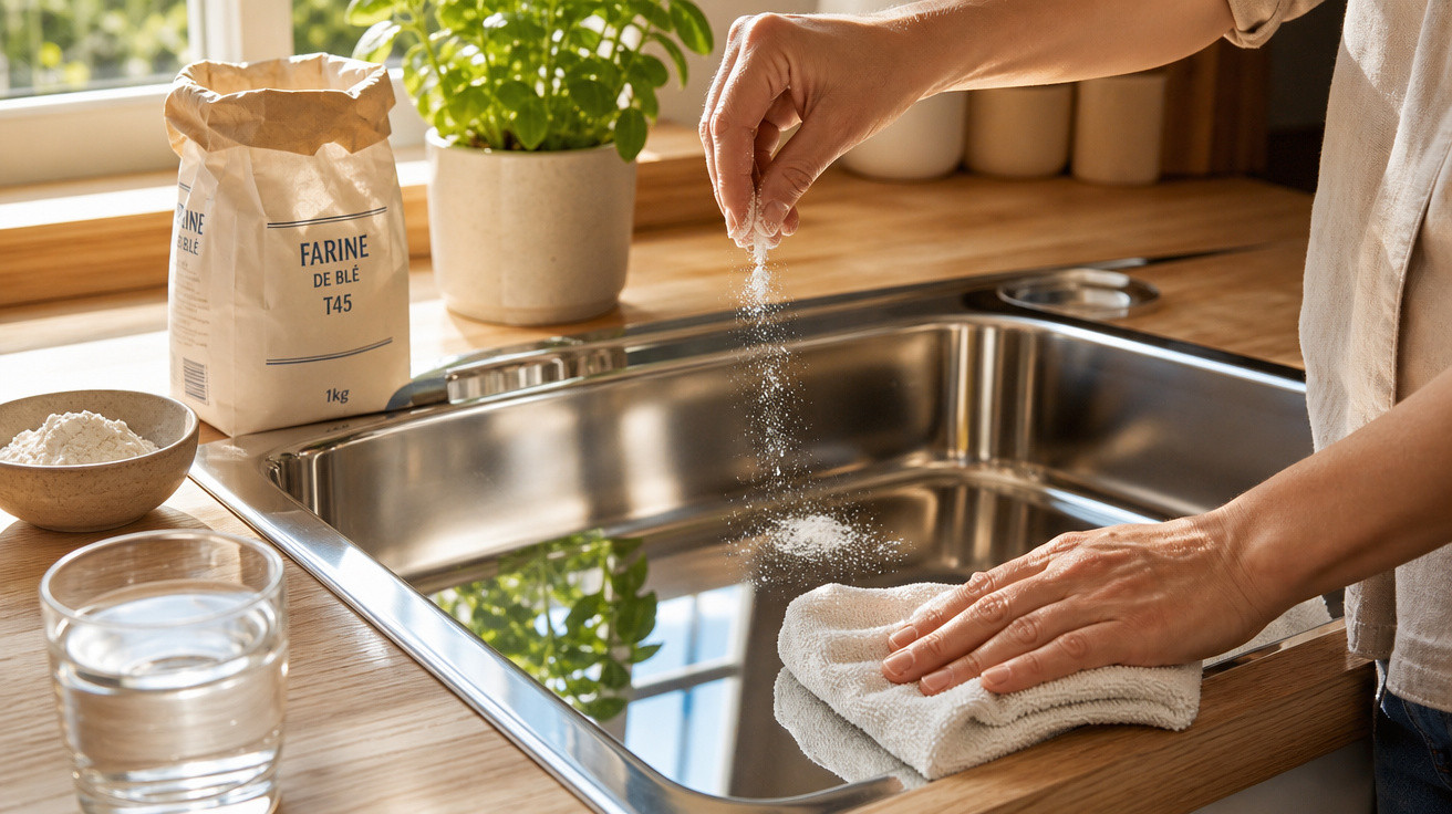 Pessoa polvilhando farinha para limpar pia de aço inox em cozinha iluminada com planta e utensílios ao fundo.