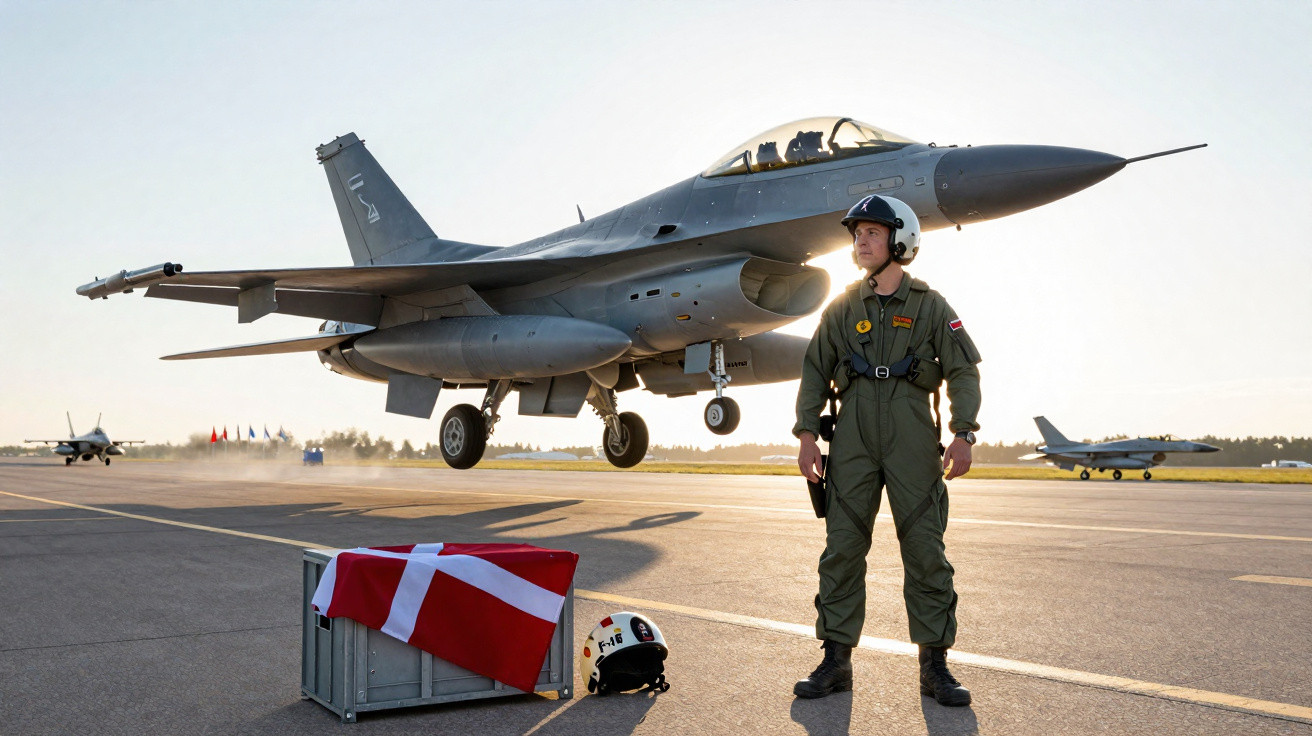 Militar em uniforme e capacete posa em pista ao lado de caça F-16 e bandeira da Dinamarca.