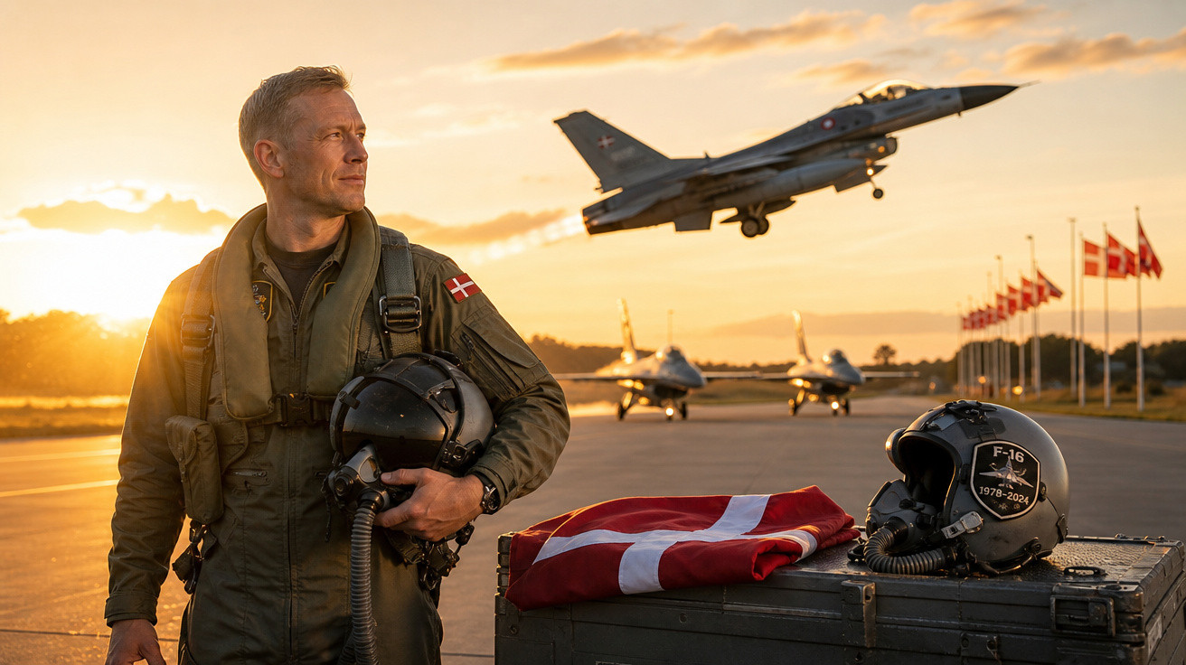 Piloto da força aérea dinamarquesa com uniforme segurando capacete, jato F-16 decolando ao fundo ao pôr do sol