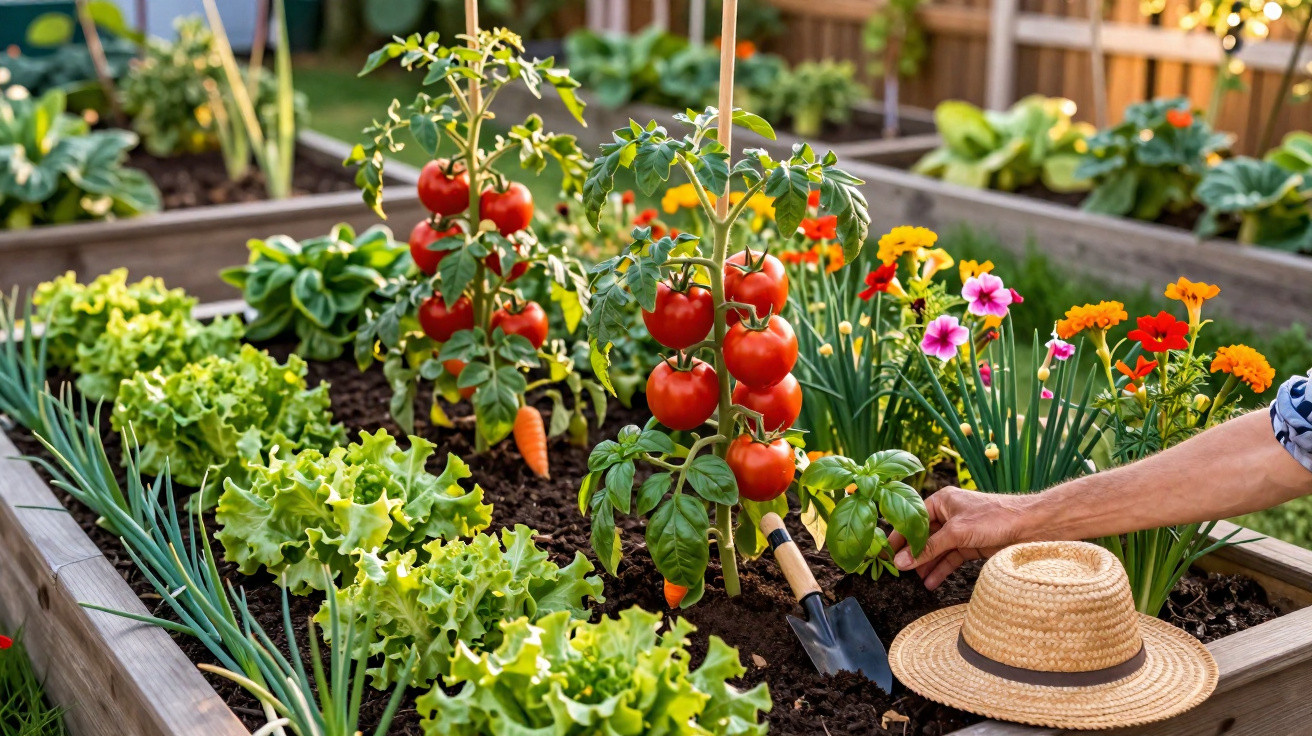 Horta urbana com tomates, alface, cenouras, flores coloridas e mão cuidando das plantas.