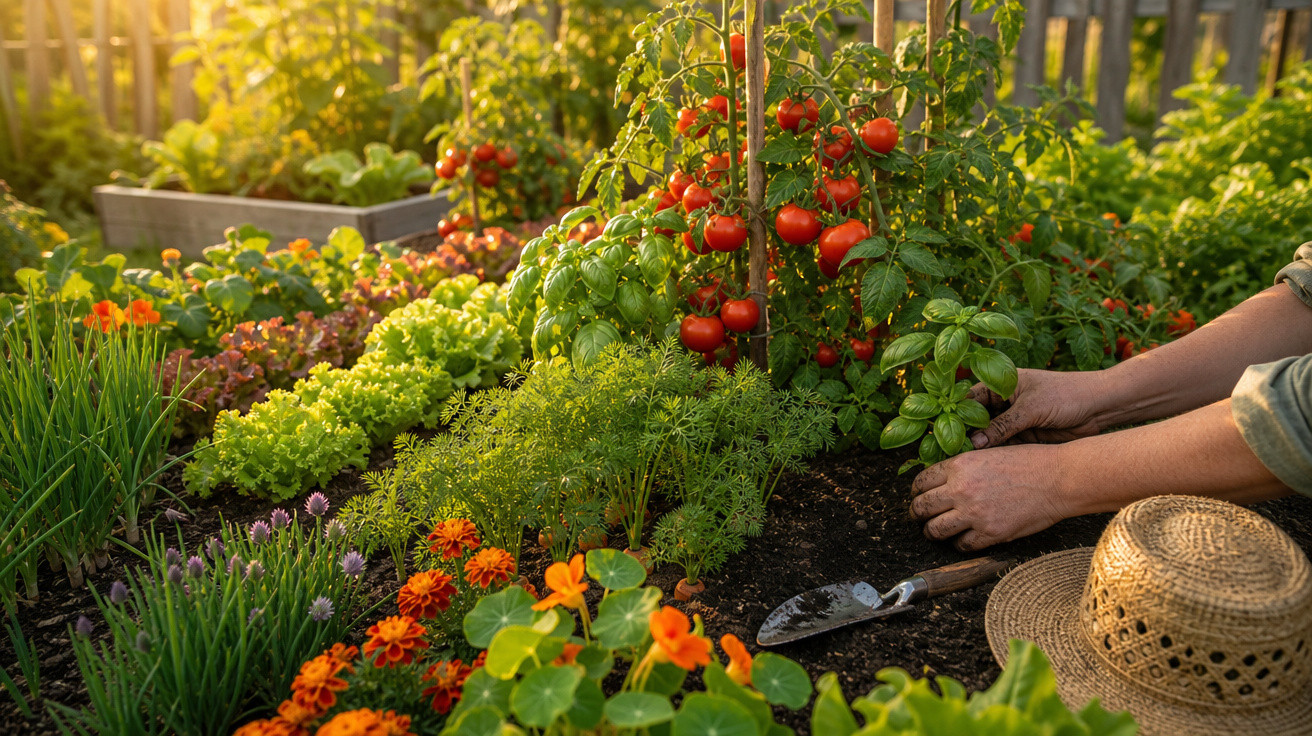 Pessoa cuidando de horta com tomates, folhas verdes e flores laranjas sob luz do sol.
