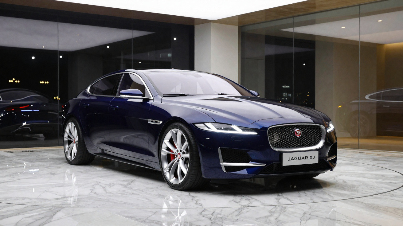 Carro azul escuro Jaguar XJ em showroom com piso de mármore e paredes espelhadas.