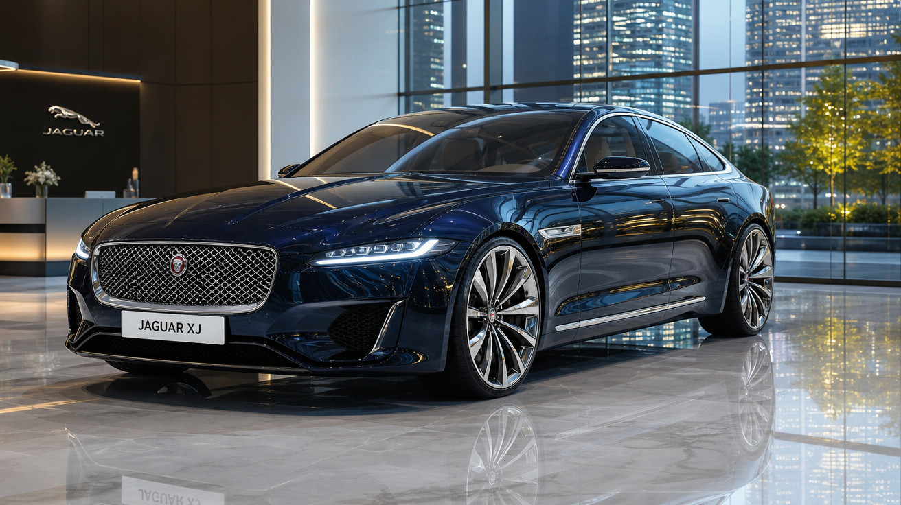 Carro Jaguar XJ azul escuro estacionado em showroom moderno com grandes janelas e vista para prédios iluminados.
