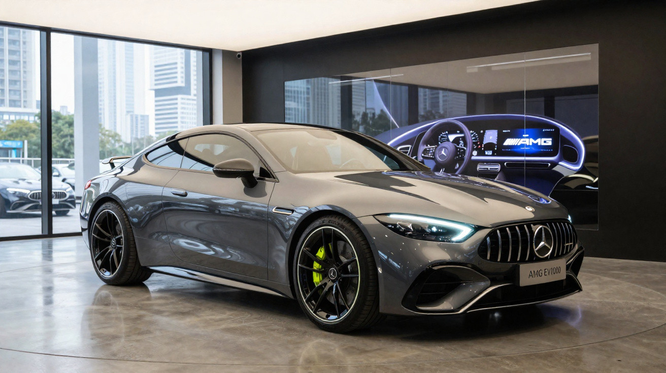 Carro esportivo Mercedes-Benz AMG cinza em showroom moderno com painel digital iluminado ao fundo.