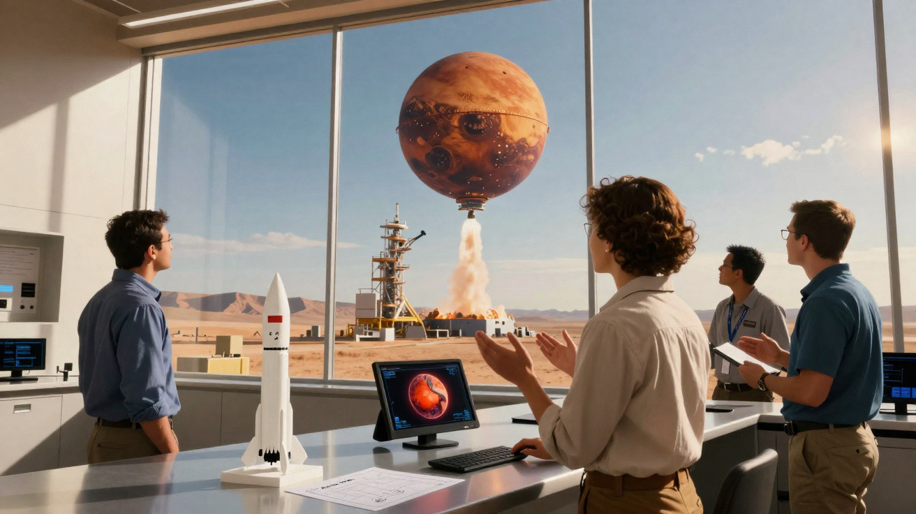 Equipe observa lançamento de balão com imagem de planeta vermelho em centro de controle espacial.
