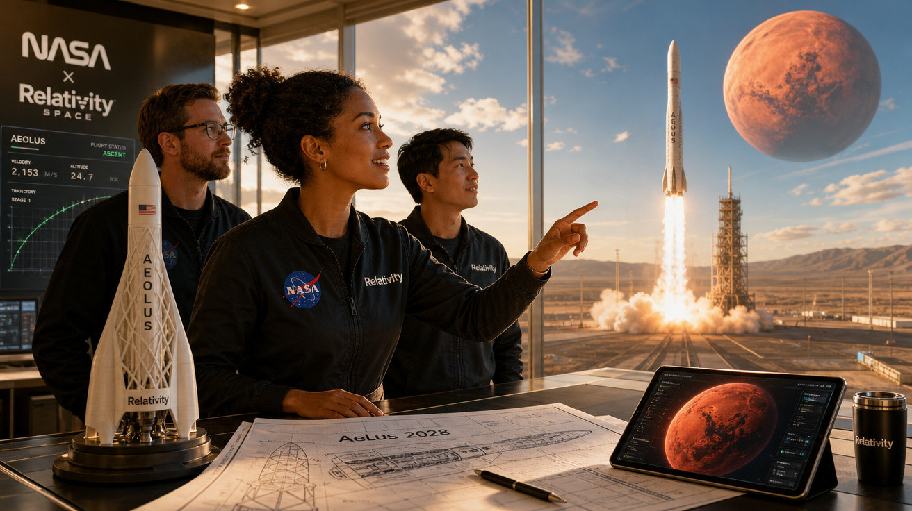 Três engenheiros observando lançamento de foguete Aeolus 2028 da NASA e Relativity Space em sala com planta e modelo.