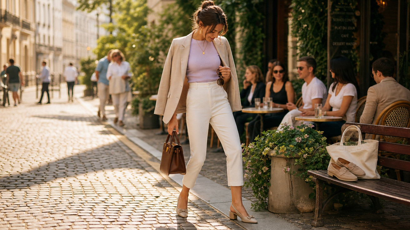 Mulher elegante caminhando em rua de paralelepípedo perto de café com pessoas sentadas na calçada.