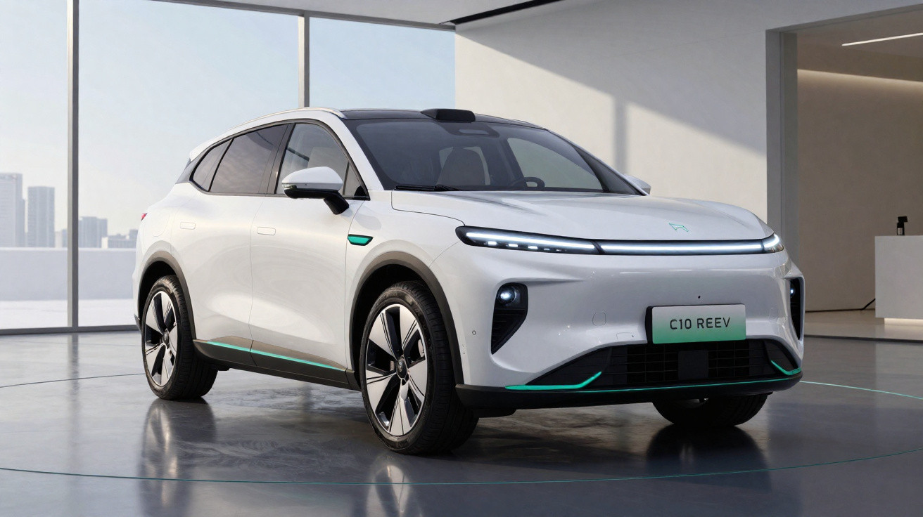 Carro elétrico branco estacionado em ambiente interno com janelas amplas e iluminação natural.