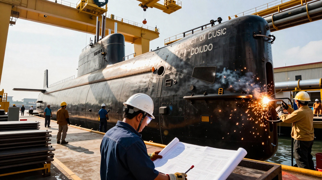 Trabalhadores com capacetes inspecionam e soldam um submarino preto em doca seca durante a construção naval.