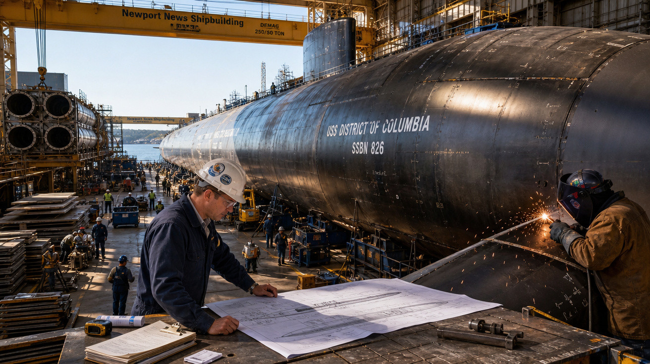 Funcionários trabalham na construção do submarino USS District of Columbia em estaleiro naval.