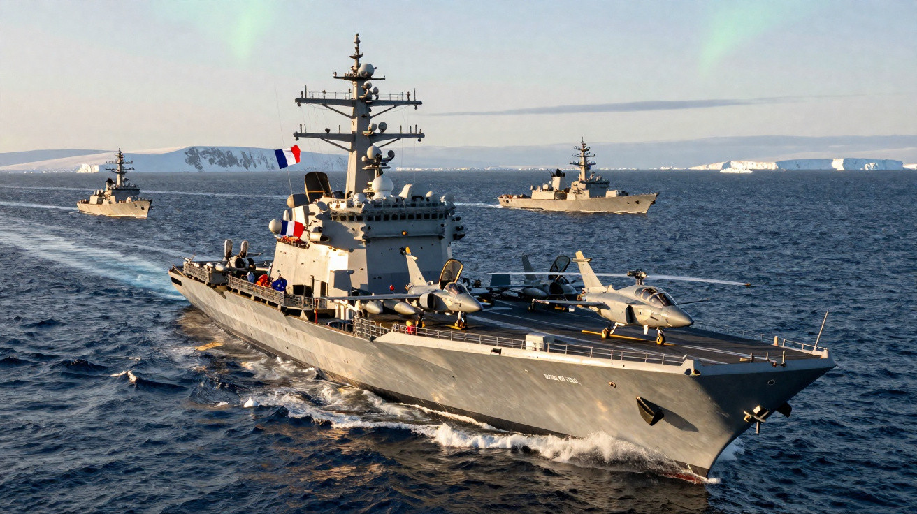 Navios de guerra franceses no mar com dois helicópteros no convés do navio de frente.