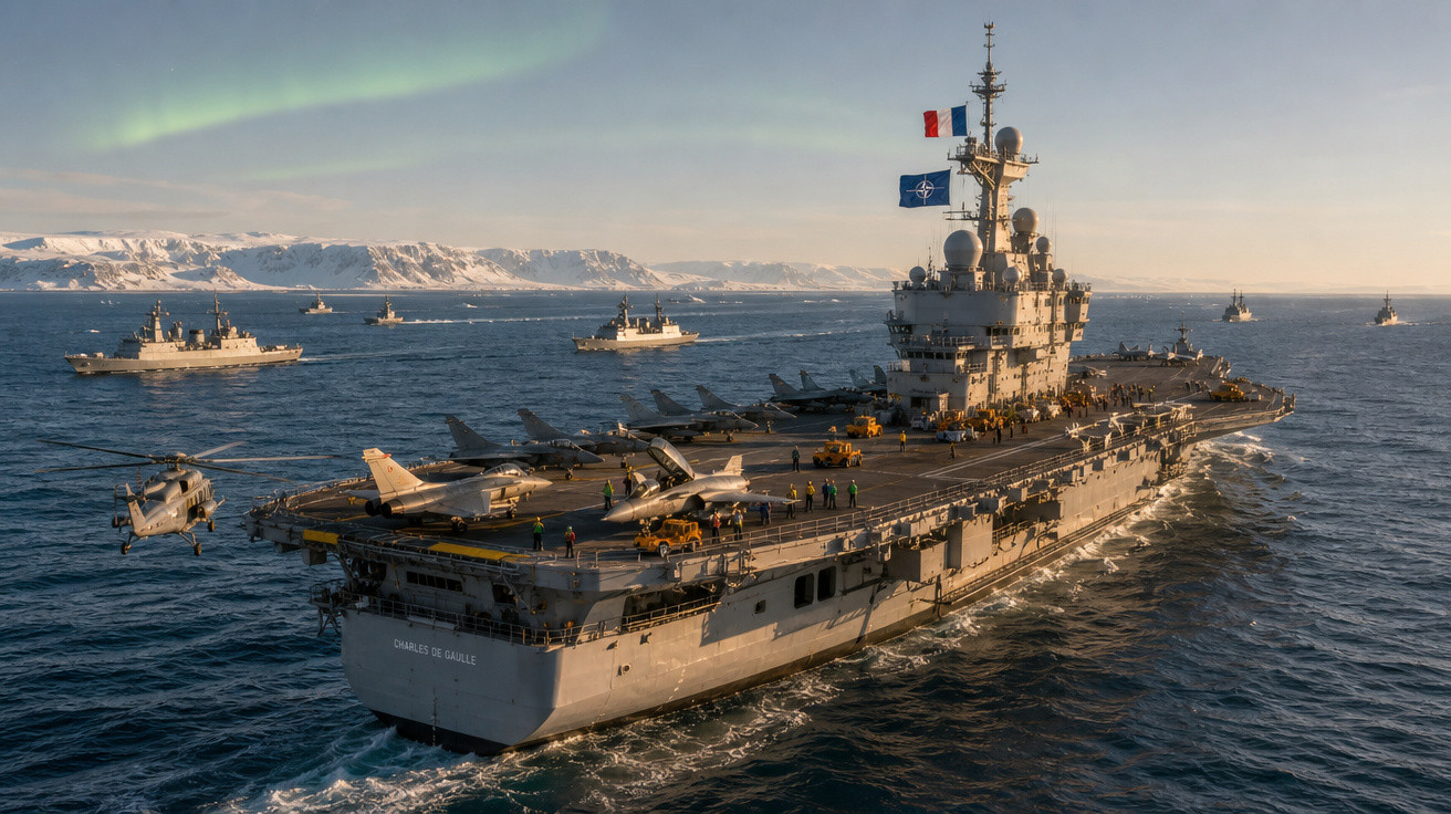 Porta-aviões Charles de Gaulle com caças e helicóptero, acompanhado de outros navios em mar próximo a costa congelada.